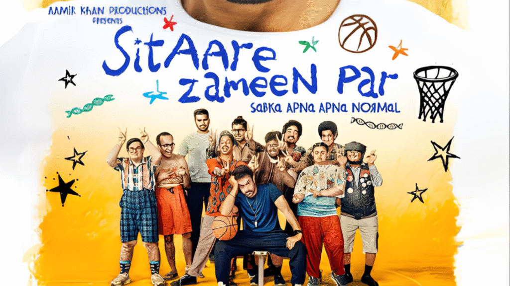 Indian star Aamir Khan poses with the cast of his new Hindi film 'Sitaare Zameen Par' on a poster of the film. Aamir Khan Productions