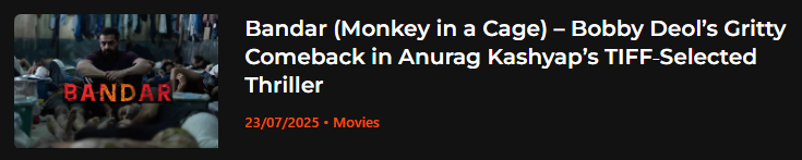 Screenshot of Bandar movie blog covering Bobby Deol’s TIFF thriller