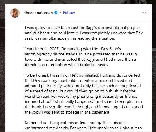 Zeenat Aman’s official response on Instagram years later, calling it “the great misunderstanding.”