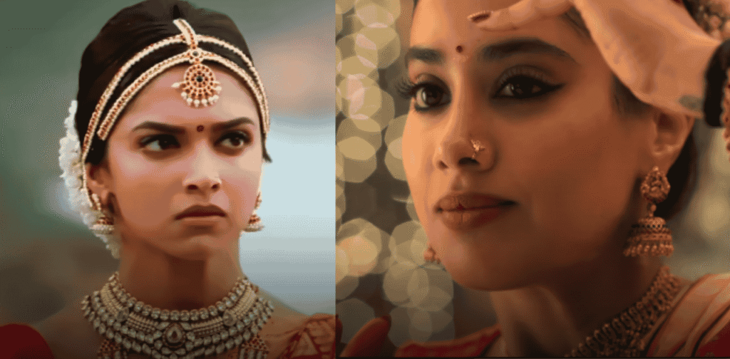 Collage of Deepika Padukone from Chennai Express and Janhvi Kapoor from Param Sundari trailer