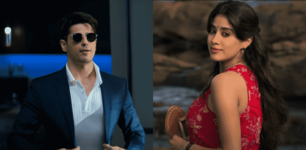 Collage of Sidharth Malhotra and Janhvi Kapoor from Param Sundari trailer
