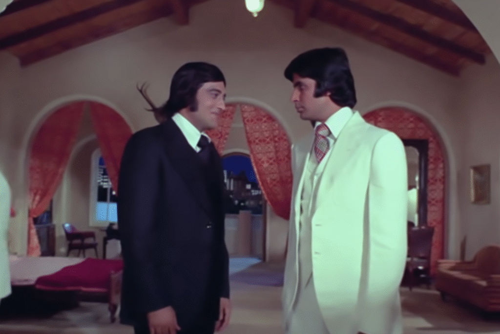 Vinod Khanna and Amitabh Bachchan in a tense scene from Parvarish (1977)