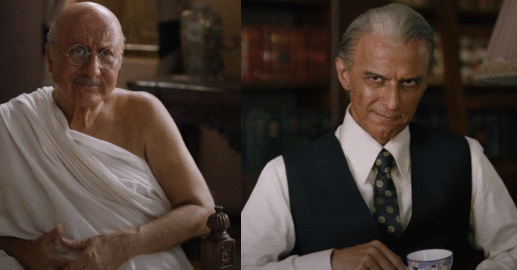 Rajesh Khera as Muhammad Ali Jinnah with Anupam Kher as Gandhi in The Bengal Files