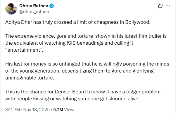 Screenshot of Dhruv Rathee’s comment on X reacting to the Dhurandhar trailer and calling out its extreme violence.